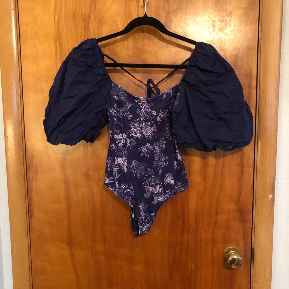 Free People Navy Floral Puff-Sleeve Bodysuit